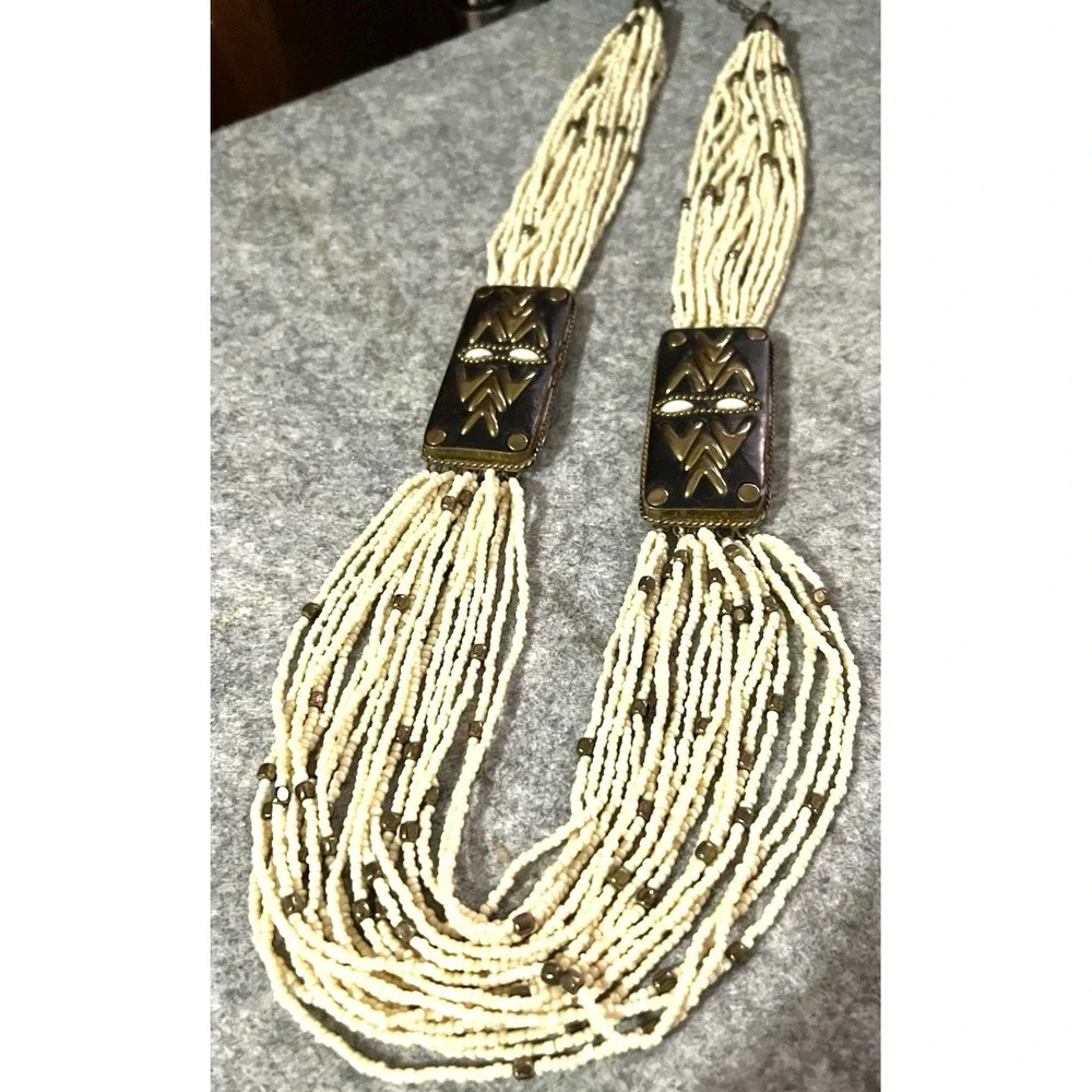 Vintage Necklace Multi Strand cream Seed Bead brass Round Beads 26
